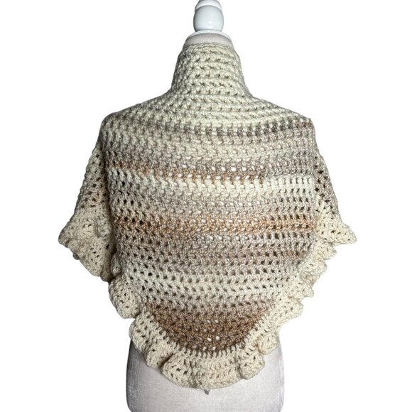 Handmade Beige Tan Cream Crochet Knit Shawl Wrap With Ruffled Edges Soft NEW - Picture 4 of 4